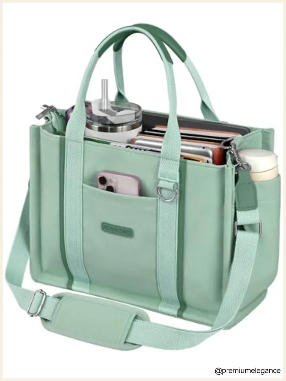 Canvas Tote Bag with Zipper and Compartments - Multi-Pocket Laptop Work